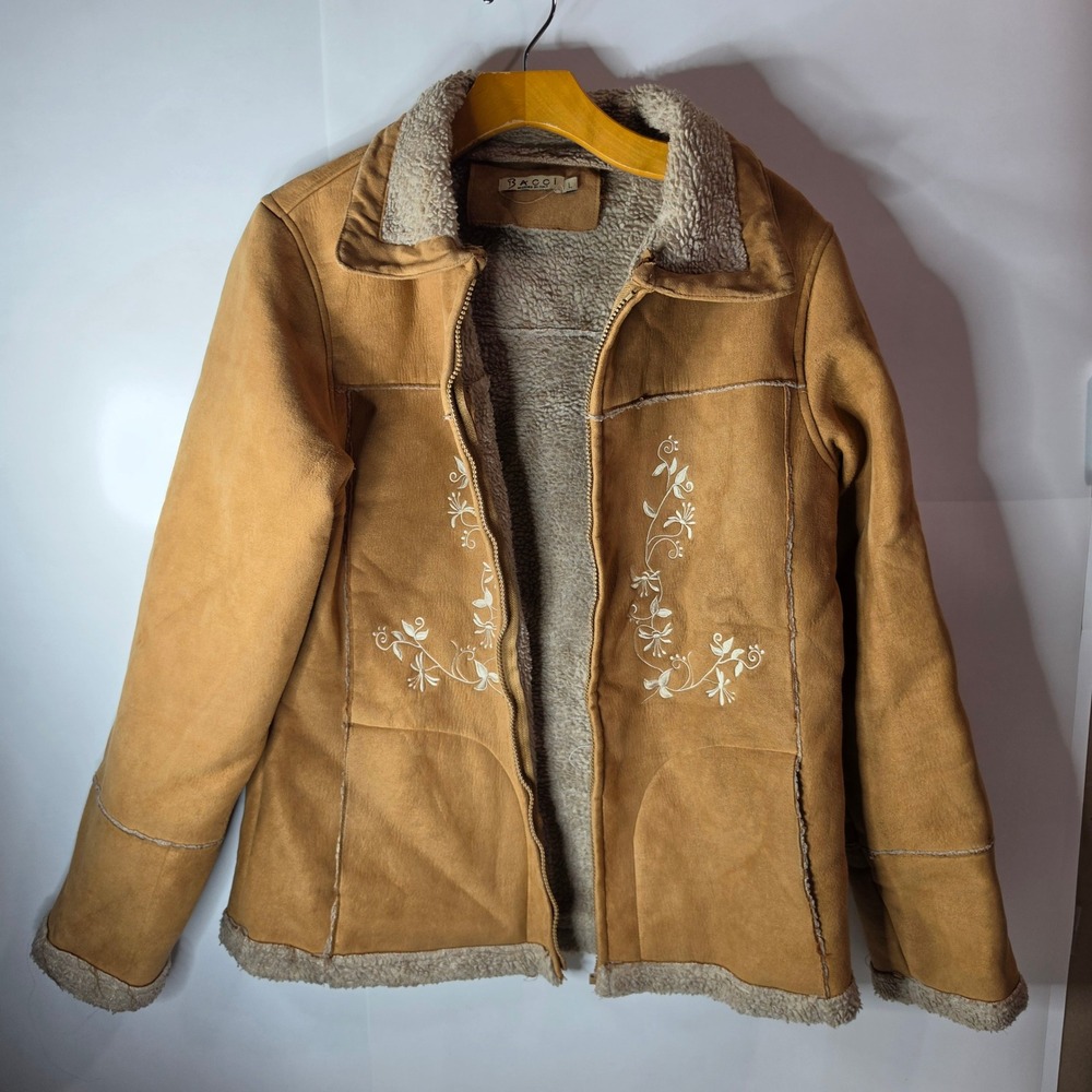 Bacci Womens L Tan Faux Suede Sherpa Lined Embroidered Jacket READ FLAW